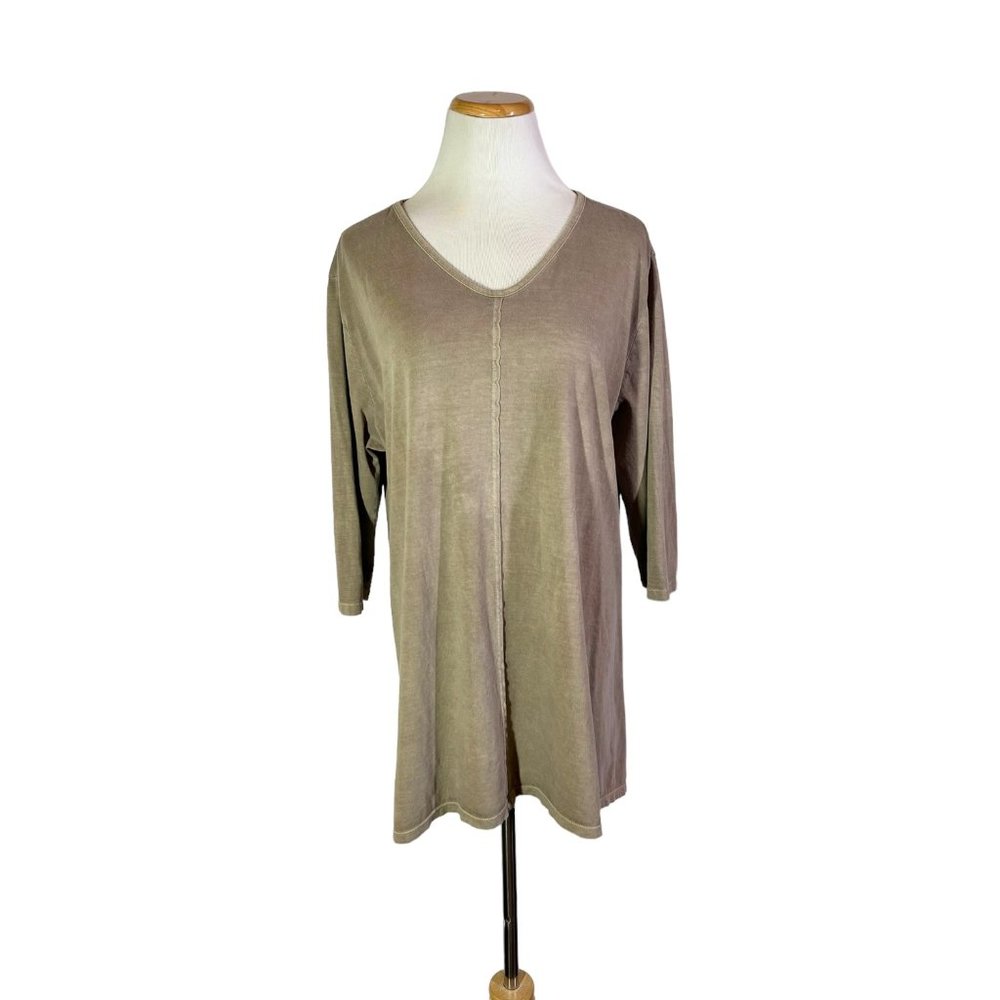 Focus Casual Life Size XL Tan V-Neck Tunic Top 3/4 Sleeve Knit Cotton
